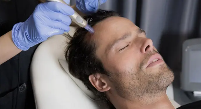 Man receiving hair mesotherapy treatment at clinic.